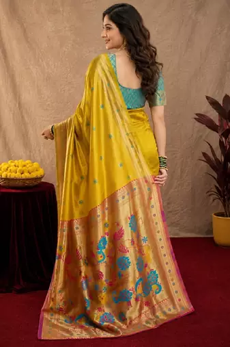 Yellow soft silk blend banarasi jacuard work pethani saree with unstitched blouse piece