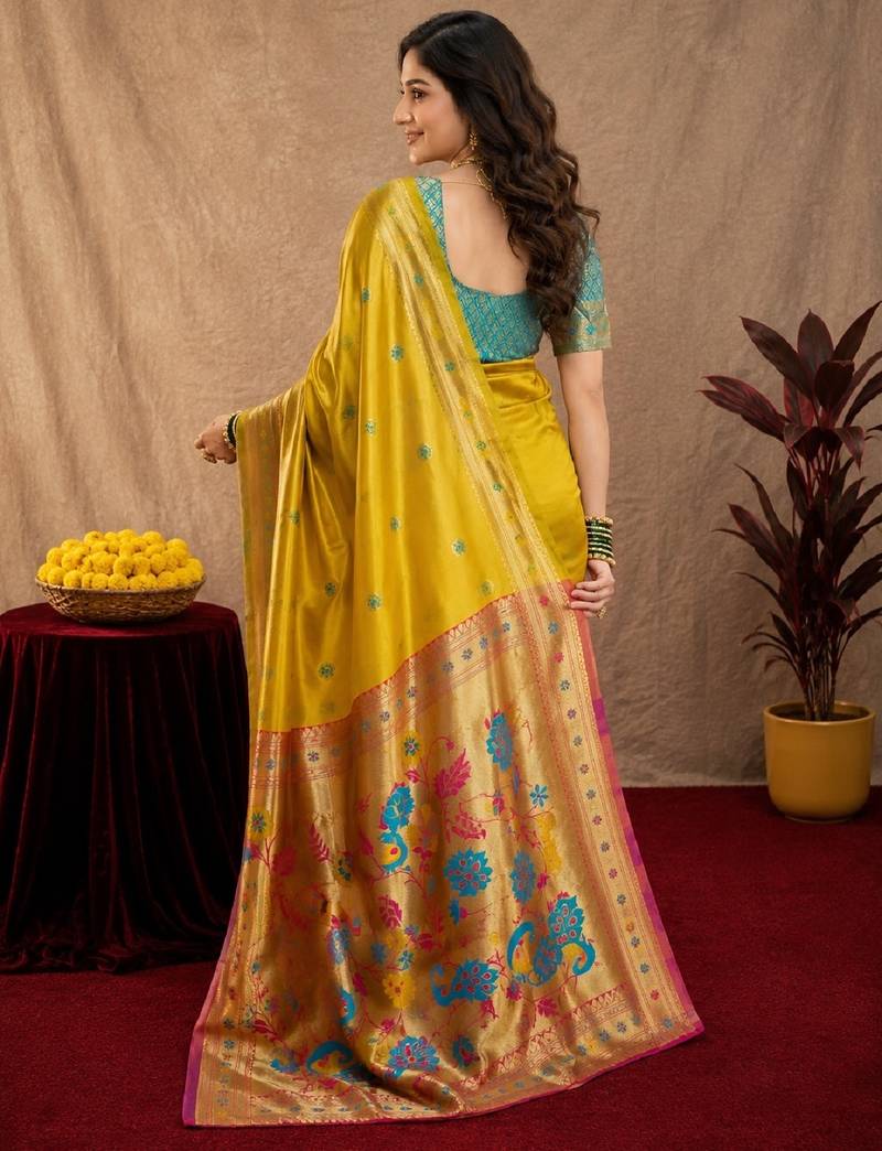 Yellow soft silk blend banarasi jacuard work pethani saree with unstitched blouse piece