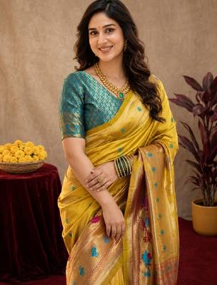 Yellow soft silk blend banarasi jacuard work pethani saree with unstitched blouse piece 5