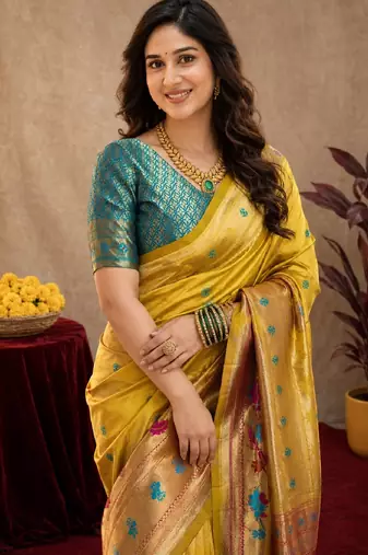 Yellow soft silk blend banarasi jacuard work pethani saree with unstitched blouse piece