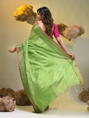 Green tissue soft saree with zari borders 2