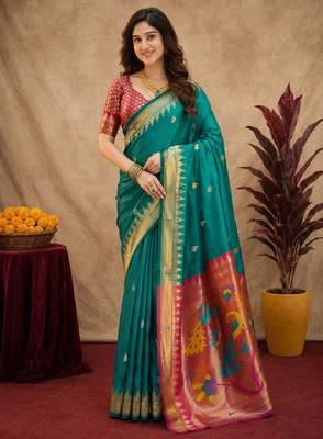 Teal green soft silk blend banarasi jacuard work pethani saree with unstitched blouse piece 1