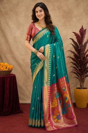Teal green soft silk blend banarasi jacuard work pethani saree with unstitched blouse piece