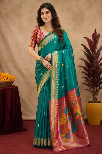 Teal green soft silk blend banarasi jacuard work pethani saree with unstitched blouse piece