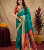Teal green soft silk blend banarasi jacuard work pethani saree with unstitched blouse piece