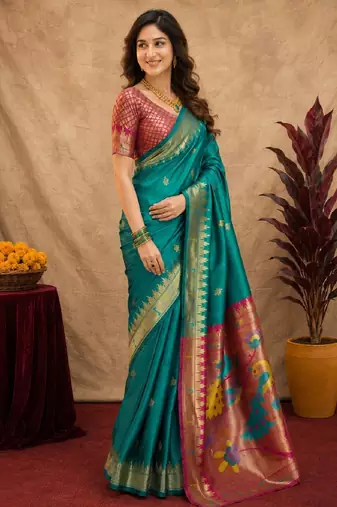 Teal green soft silk blend banarasi jacuard work pethani saree with unstitched blouse piece