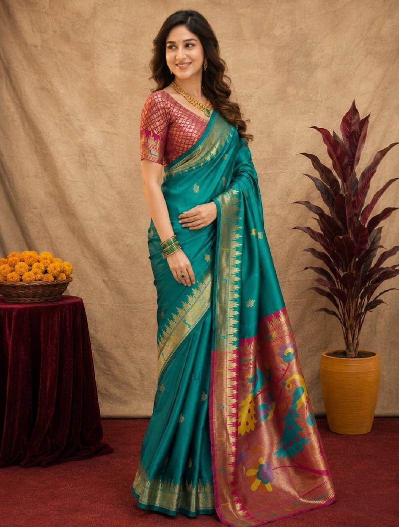 Teal green soft silk blend banarasi jacuard work pethani saree with unstitched blouse piece