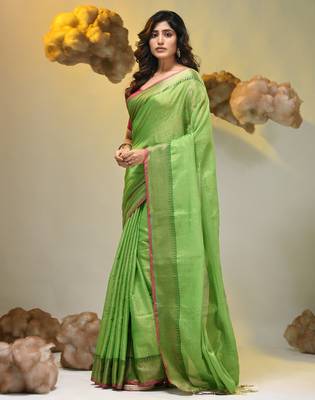 Green tissue soft saree with zari borders 3