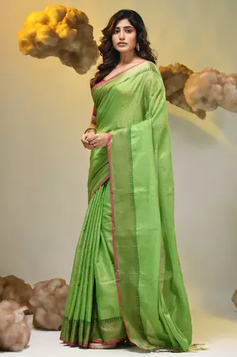 Green tissue soft saree with zari borders