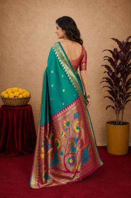 Teal green soft silk blend banarasi jacuard work pethani saree with unstitched blouse piece 3