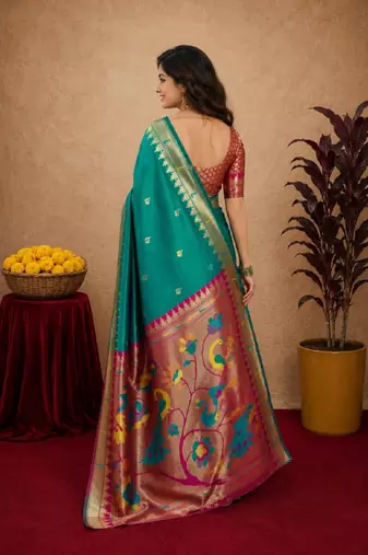 Teal green soft silk blend banarasi jacuard work pethani saree with unstitched blouse piece