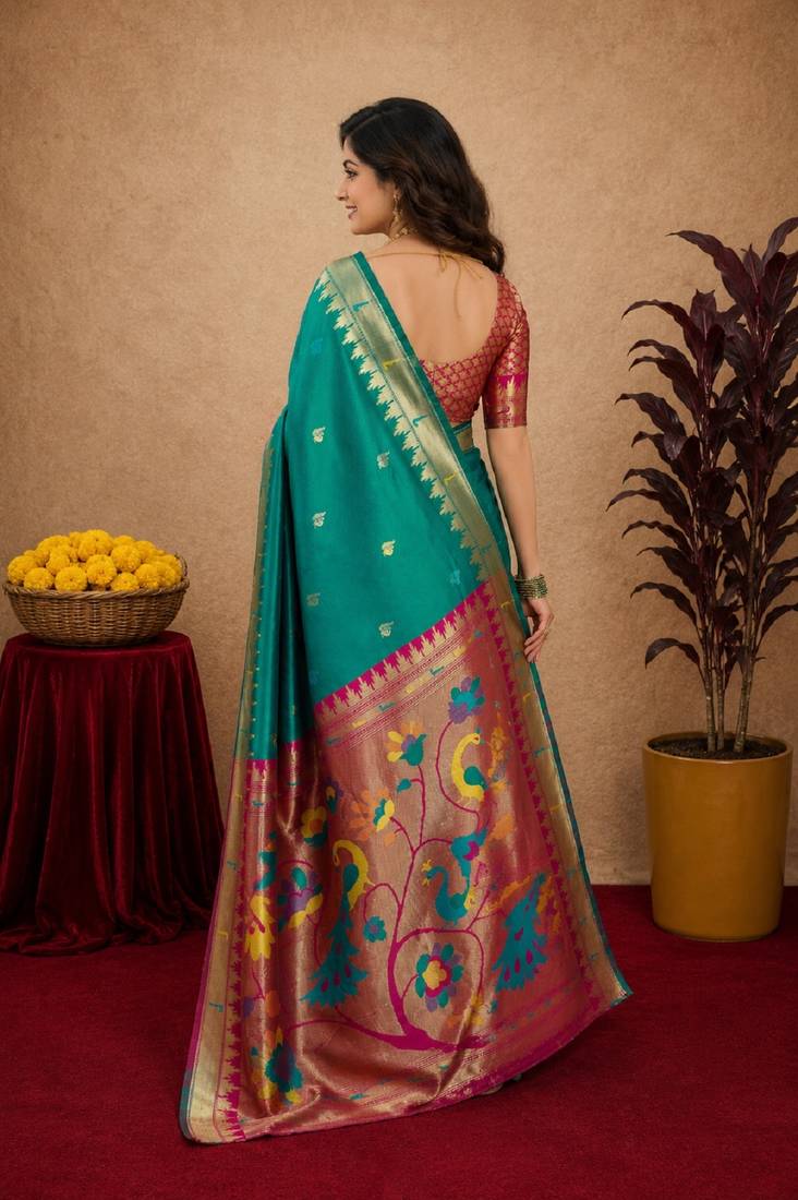 Teal green soft silk blend banarasi jacuard work pethani saree with unstitched blouse piece