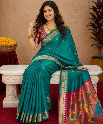 Teal green soft silk blend banarasi jacuard work pethani saree with unstitched blouse piece 4