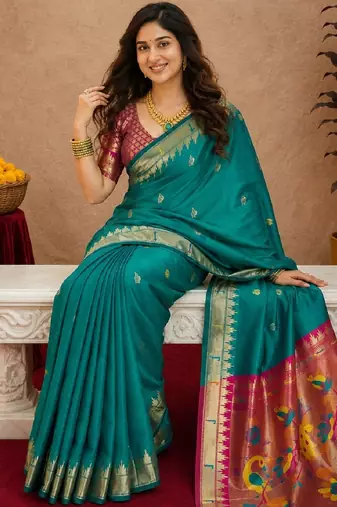 Teal green soft silk blend banarasi jacuard work pethani saree with unstitched blouse piece