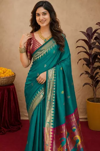 Teal green soft silk blend banarasi jacuard work pethani saree with unstitched blouse piece