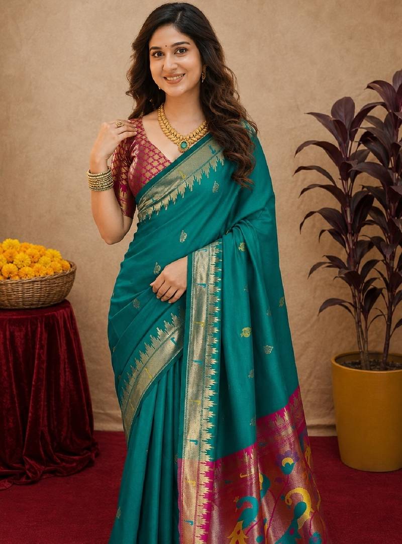 Teal green soft silk blend banarasi jacuard work pethani saree with unstitched blouse piece