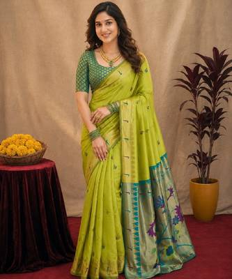 Parrot soft silk blend banarasi jacuard work pethani saree with unstitched blouse piece 1