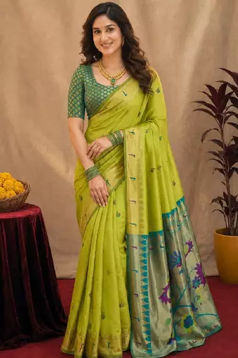 Parrot soft silk blend banarasi jacuard work pethani saree with unstitched blouse piece