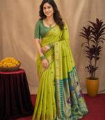 Parrot soft silk blend banarasi jacuard work pethani saree with unstitched blouse piece