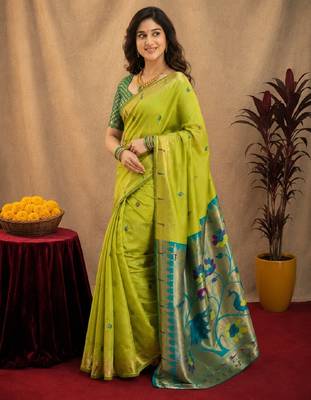 Parrot soft silk blend banarasi jacuard work pethani saree with unstitched blouse piece 2