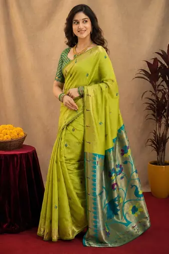 Parrot soft silk blend banarasi jacuard work pethani saree with unstitched blouse piece