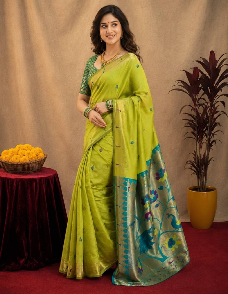 Parrot soft silk blend banarasi jacuard work pethani saree with unstitched blouse piece