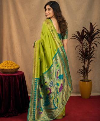 Parrot soft silk blend banarasi jacuard work pethani saree with unstitched blouse piece 3