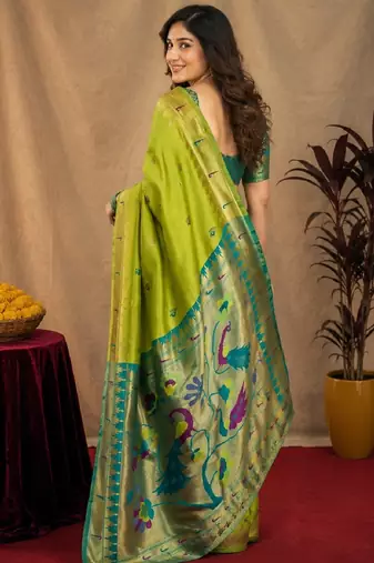 Parrot soft silk blend banarasi jacuard work pethani saree with unstitched blouse piece