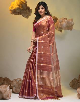 Violet dual tone texture motifs tissue saree with stripes pallu 3