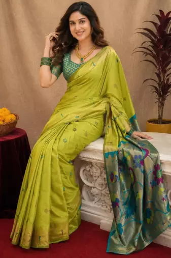 Parrot soft silk blend banarasi jacuard work pethani saree with unstitched blouse piece
