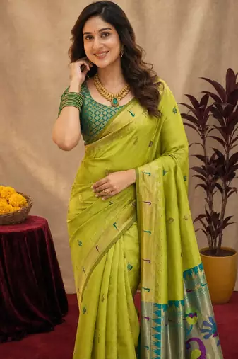 Parrot soft silk blend banarasi jacuard work pethani saree with unstitched blouse piece