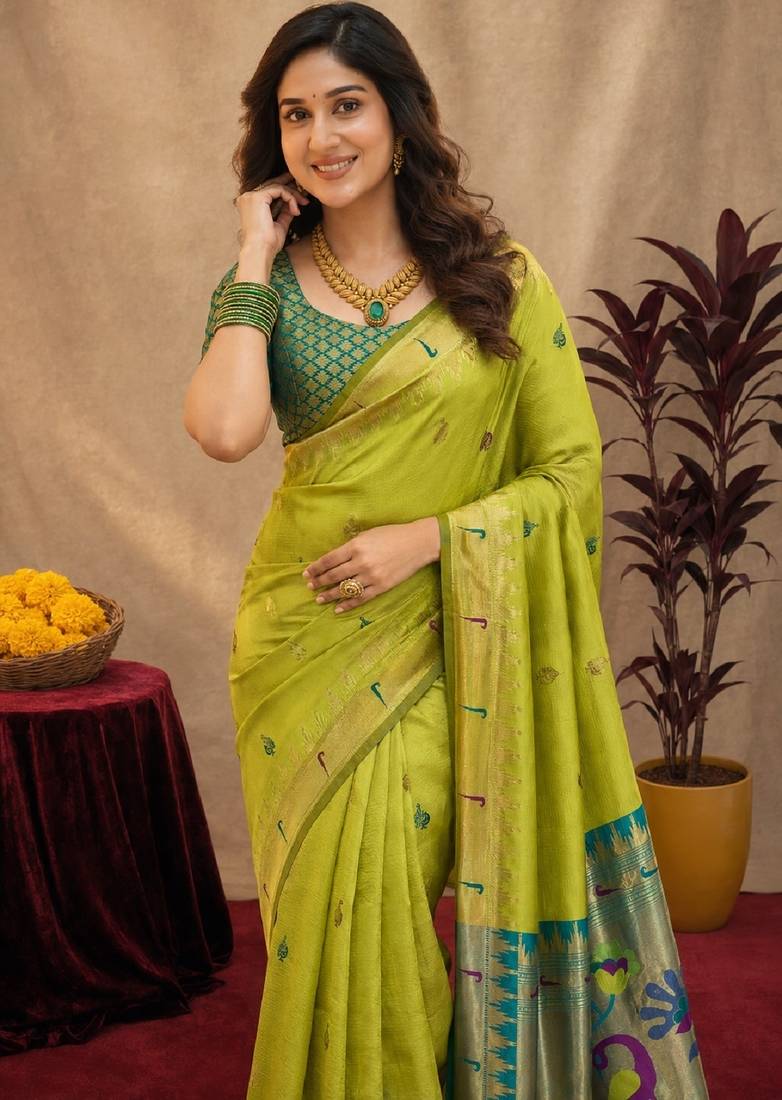 Parrot soft silk blend banarasi jacuard work pethani saree with unstitched blouse piece