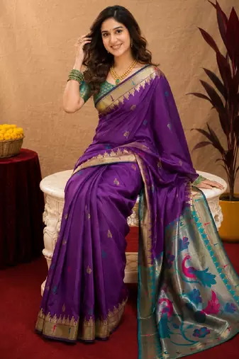 Purple soft silk blend banarasi jacuard work pethani saree with unstitched blouse piece
