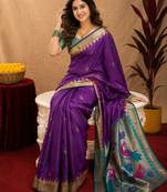 Purple soft silk blend banarasi jacuard work pethani saree with unstitched blouse piece