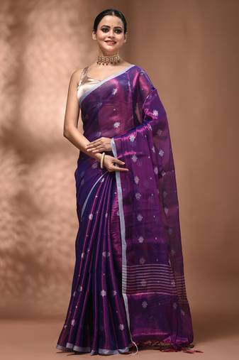 Purple texture motifs tissue saree with stripes pallu