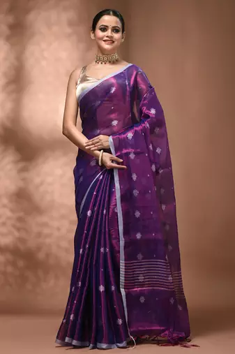 Purple texture motifs tissue saree with stripes pallu