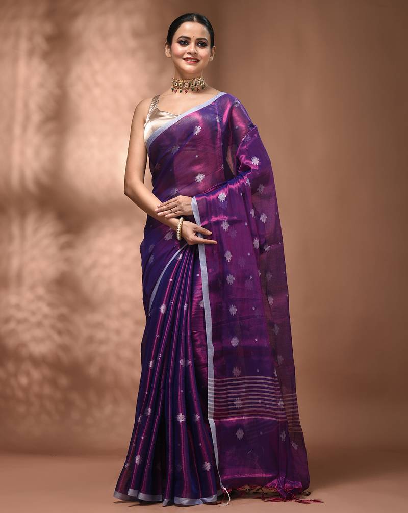 Purple texture motifs tissue saree with stripes pallu