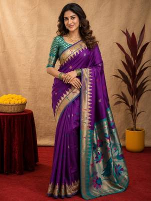 Purple soft silk blend banarasi jacuard work pethani saree with unstitched blouse piece 2
