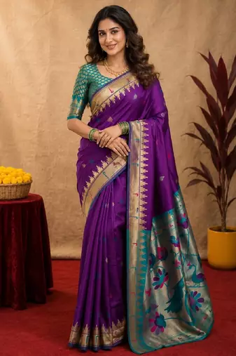 Purple soft silk blend banarasi jacuard work pethani saree with unstitched blouse piece