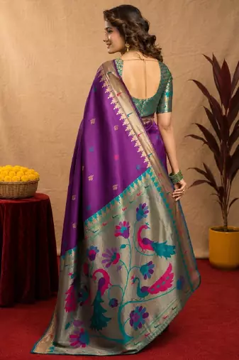 Purple soft silk blend banarasi jacuard work pethani saree with unstitched blouse piece