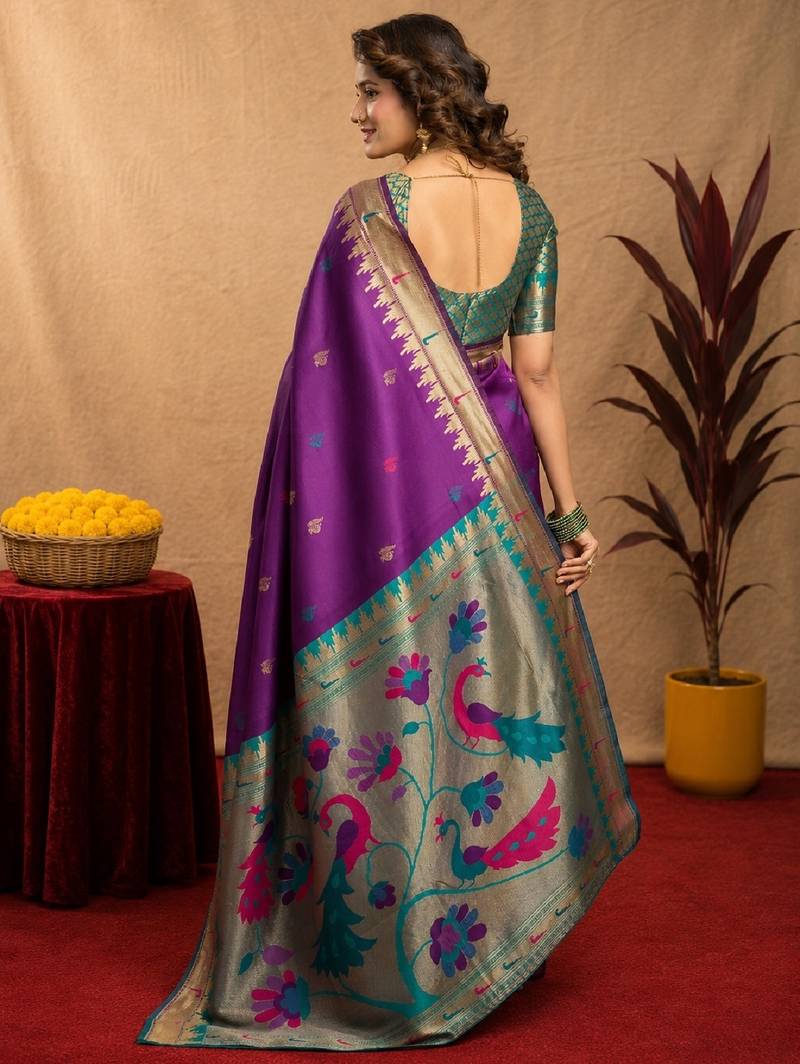 Purple soft silk blend banarasi jacuard work pethani saree with unstitched blouse piece
