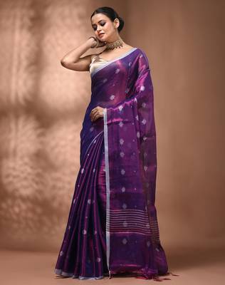 Purple texture motifs tissue saree with stripes pallu 3
