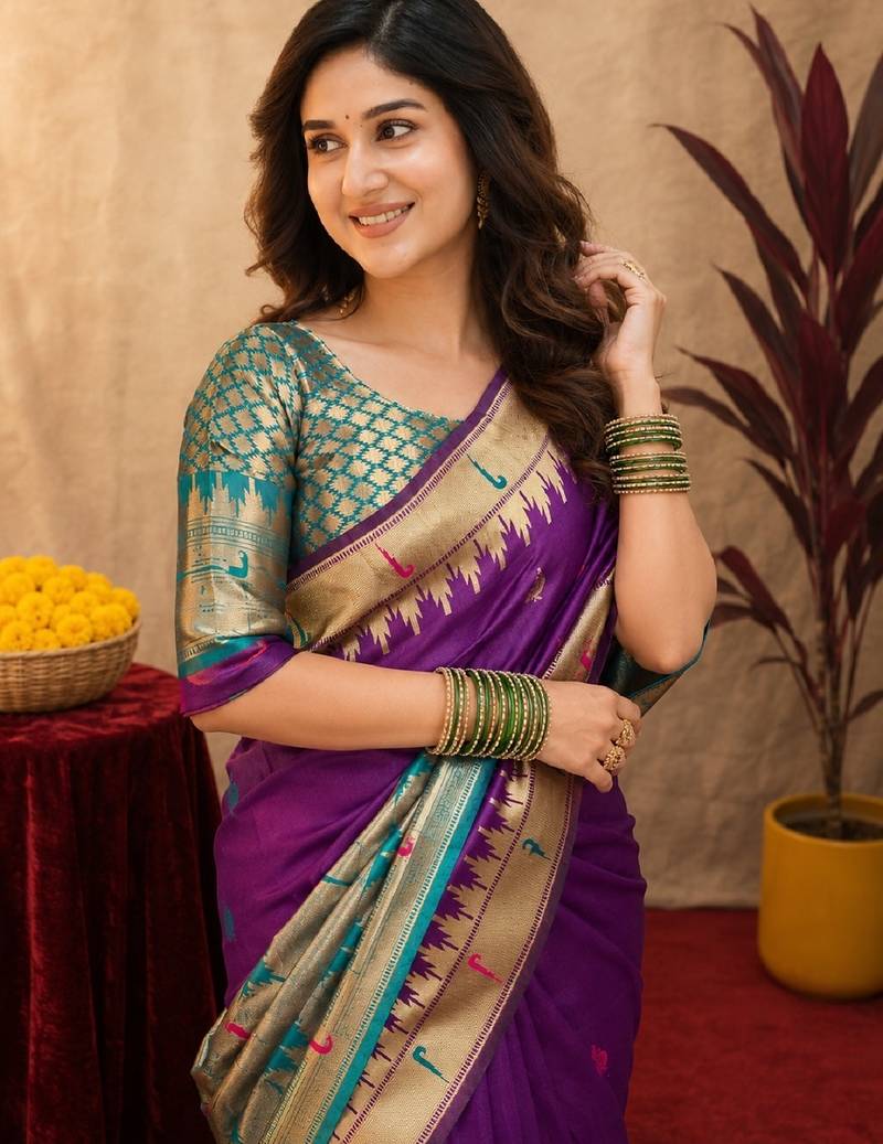 Purple soft silk blend banarasi jacuard work pethani saree with unstitched blouse piece