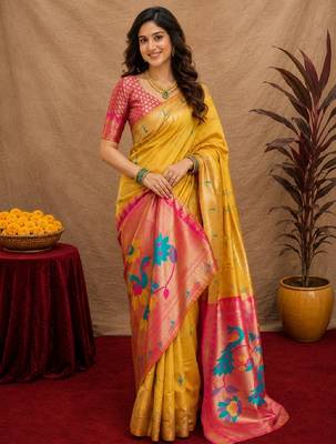 Yellow soft silk blend banarasi jacuard work pethani saree with unstitched blouse piece 1