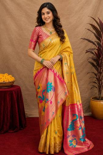 Yellow soft silk blend banarasi jacuard work pethani saree with unstitched blouse piece