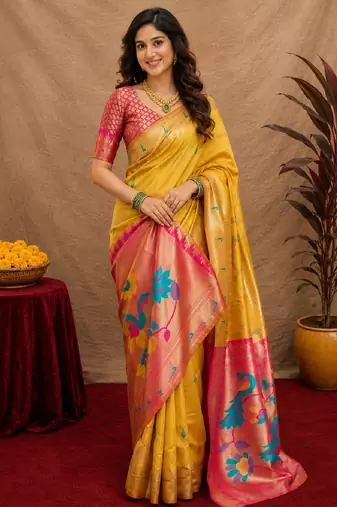 Yellow soft silk blend banarasi jacuard work pethani saree with unstitched blouse piece