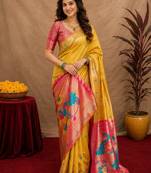 Yellow soft silk blend banarasi jacuard work pethani saree with unstitched blouse piece
