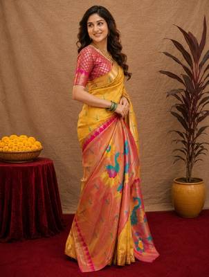 Yellow soft silk blend banarasi jacuard work pethani saree with unstitched blouse piece 2
