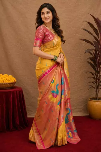 Yellow soft silk blend banarasi jacuard work pethani saree with unstitched blouse piece