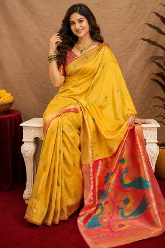 Yellow soft silk blend banarasi jacuard work pethani saree with unstitched blouse piece